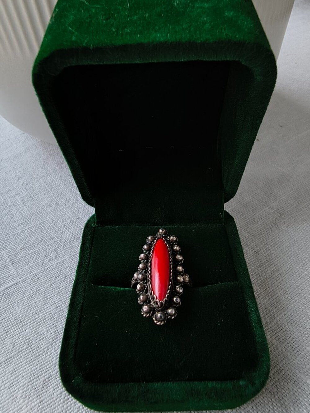 ✨ Authentic Vintage ✨ Red Marquise Stone Ring Silver-Tone Filigree Beaded Boho - Picture 8 of 10